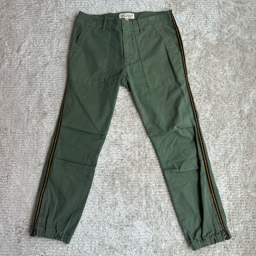Nili Lotan Olive Green French Military Pants with Side Stripes, Size 2.